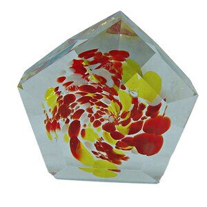 Pentagon Glass Paperweight Red Yellow Floating Lava Footed Faceted Signed Suter